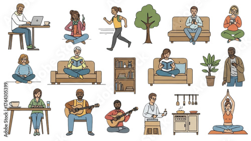 Diverse people engaging in various leisure activities and hobbies at home and outdoors