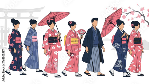 A vibrant depiction of a Japanese cultural procession showcasing traditional kimonos and spring scenery with people walking elegantly