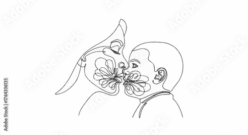 Mother and Baby Kiss - Minimalist Line Art Illustration
