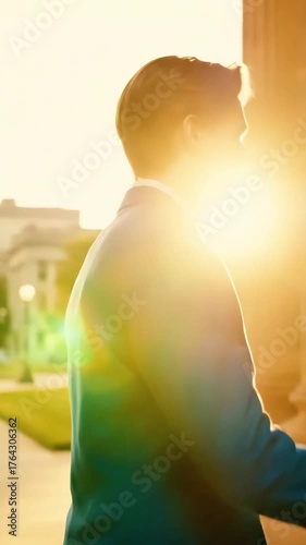 Joyful moment of a young man in a blue suit walking through a sunlit city street