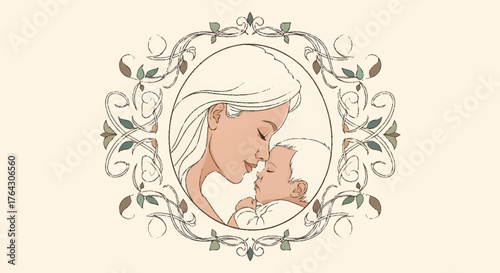Mother and Baby Vector Illustration in Ornate Frame