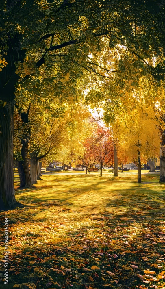 Naklejka premium Stunning autumn park scene with vibrant foliage, soft sunlight, and a tranquil fall atmosphere