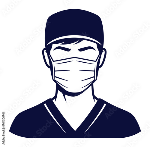 Vector illustration of a surgeon wearing a mask and surgical cap ready for operation