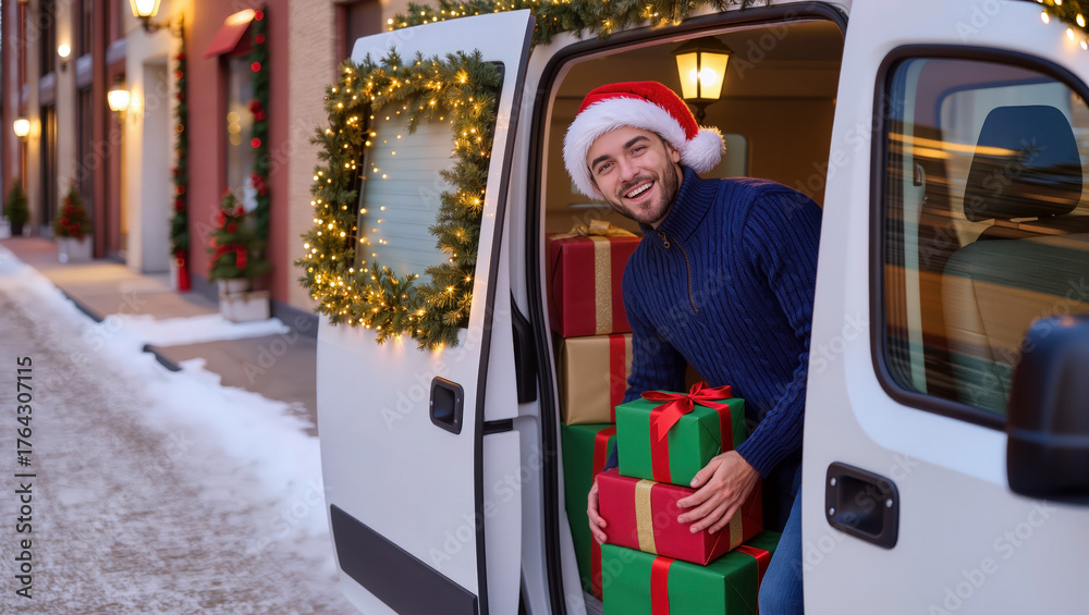 Obraz premium Holiday cheer with smiling man delivering christmas gifts from festive van in snowy urban setting