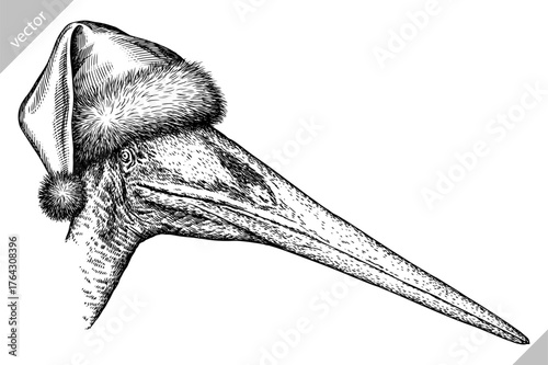 Vintage engraving christmas isolated pterosaur set illustration pterodactylus ink santa costume sketch. Flying dinosaur background silhouette Jurassic new year hat art. Hand drawn vector image