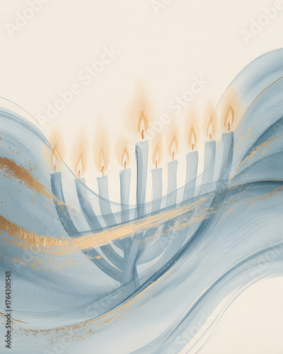 Illuminated hanukkah menorah with gentle blue and gold swirling abstract background