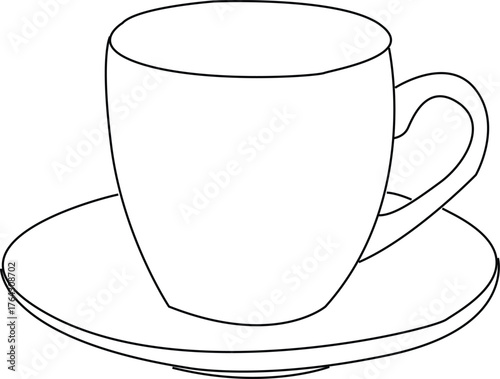 Black and white teacup illustration on saucer in minimal line art style for kitchenware and cozy moments