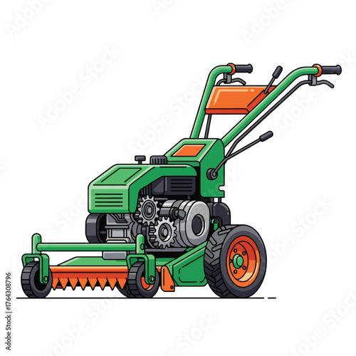 A green and orange walk-behind flail mower with an exposed engine and large wheels, designed for heavy-duty brush cutting and vegetation management.
