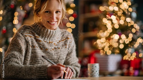 Woman writing Christmas greeting cards at home
