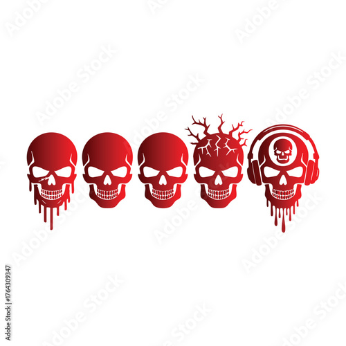 Five red skulls with dripping effects and unique head details graphic illustration