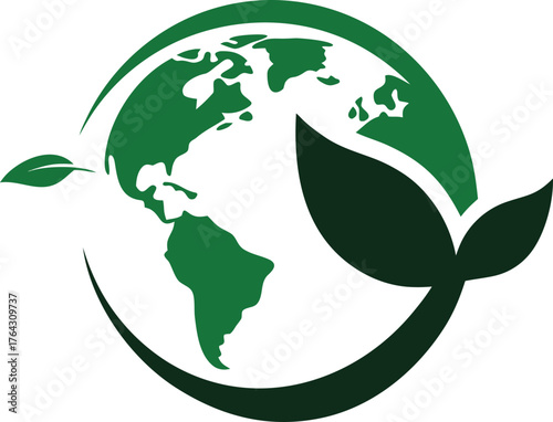 Green earth with plant leaf logo  silhouette
