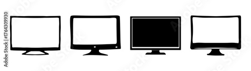 Four electronic displays showing different screen states one blank one on and two similar screens