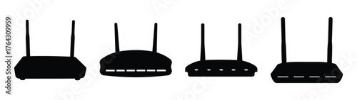Four wireless routers with antennas connected network devices equipment technology icons