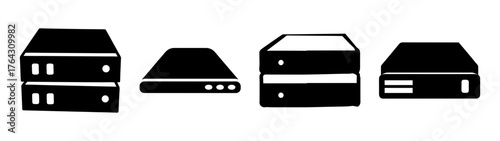 Collection of server racks and computer hardware icons simple graphic representation