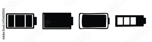 Four battery icons showing different charge levels energy power indicator symbols graphics