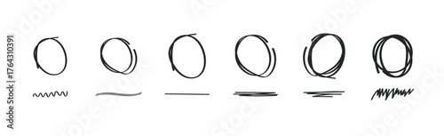 Set of Doodle Lines Circles. Highlight oval frames, marker arrows, hand drawn underlines lines. Hand drawn scribble doodle circle set. Ovals and ellipses line template. Stock vector illustration.