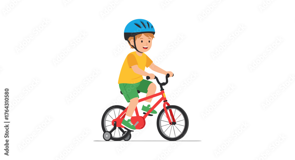 Obraz premium Joyful young boy with helmet riding a bicycle on a sunny day, learning to cycle with training wheels, enjoying outdoor activity
