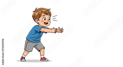 Boy reaching out with excitement and open arms, conveying a sense of welcoming or surprise, with a joyful expression
