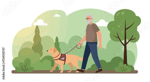Senior man walking with service dog in park