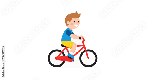 Happy boy riding a red bicycle with blue shirt and yellow shorts, isolated on white background, illustration