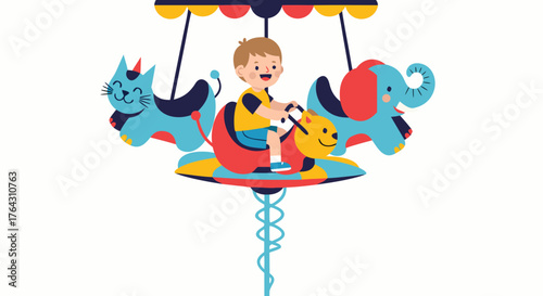 A joyful child rides a carousel with whimsical animal figures, representing childhood fun and amusement park adventures