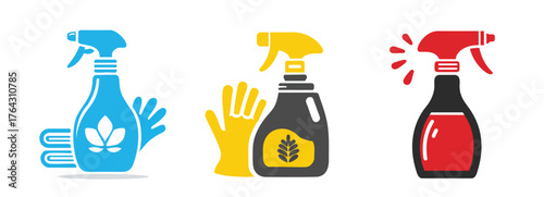 Collection of Spray Bottle, Towel, and Cleaning Gloves Icons – Minimal Flat Style Vector for Cleaning Company Logo or Branding Design