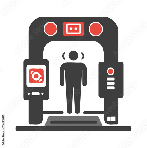 Airport security checkpoint with metal detector arch and person inside solid colors vector