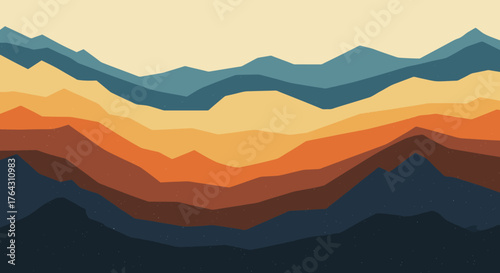 A captivating Retro Mountain Sunset Vintage abstract landscape illustration. Layered hills in warm, earthy tones create a stunning gradient, evoking serene and timeless natural beauty