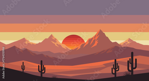 A beautiful Retro Mountain Sunset illustration showcasing a tranquil desert landscape with a warm Vintage color palette