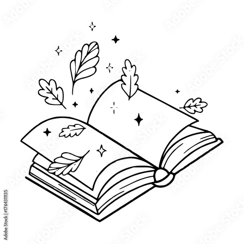 magical open book with flying autumn leaves