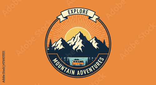 Retro Mountain Sunset Vintage Explore Mountain Adventures in a Circular Design