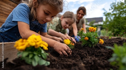 Woman and two children planting flowers in a garden.