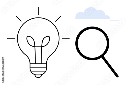 Lightbulb with glowing rays, magnifying glass, and cloud signifying creativity, exploration, research, solutions, ideas, and insight. Ideal for innovation strategy progress brainstorming science