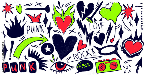 Grungy punk doodle design with bold scribble strokes. Rock spirit meets creative chaos, capturing the essence of punk art and underground music.