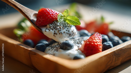 A close-up of a spoon scooping creamy yogurt topped with chia seeds and fresh fruit, set on a natural wooden tray in bright morning light.