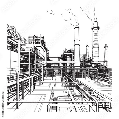 Industrial factory complex with smoking chimneys and intricate pipe network plant manufacturing