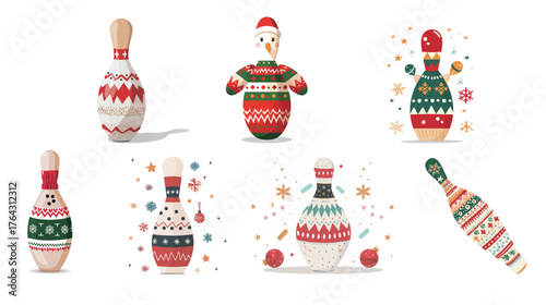Cute bowling pin wearing a tiny Christmas sweater, festive holiday humor illustration