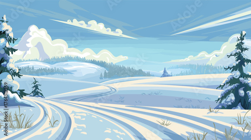 Winter landscape with ski tracks in fresh snow, scenic snowy field and mountain nature background