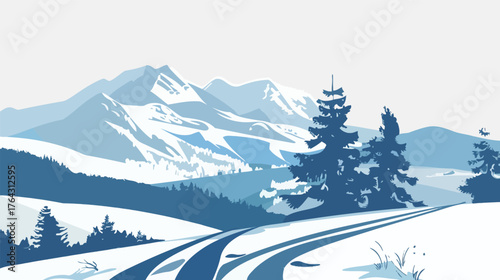Winter landscape with ski tracks in fresh snow, scenic snowy field and mountain nature background