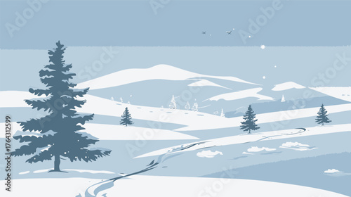 Winter landscape with ski tracks in fresh snow, scenic snowy field and mountain nature background