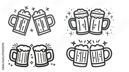 Black and white outline icon of beer mugs clinking, minimalist drinking celebration vector illustration