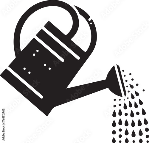 Black silhouette of a watering can pouring water drops