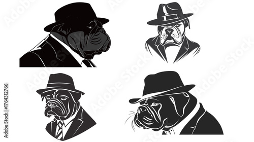Bulldog head silhouette wearing fedora and suit, stylish black vector illustration