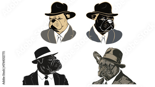 Bulldog head silhouette wearing fedora and suit, stylish black vector illustration
