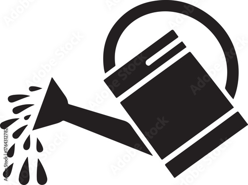 Black silhouette of a watering can pouring water drops