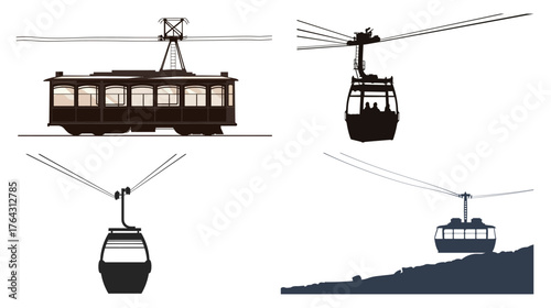 Cable car silhouette on white background, minimalist black vector illustration