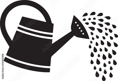 Black silhouette of a watering can pouring water drops