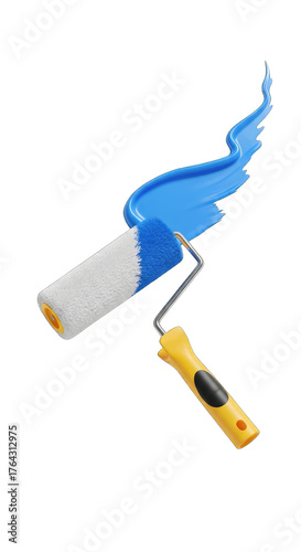 Paint roller with vibrant blue paint stroke
