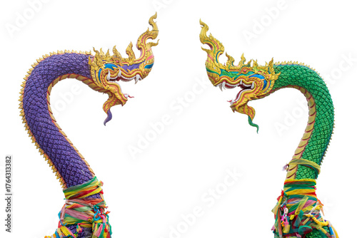 Tableau sur toile Green Naga and Purple Naga statue with intricate golden details, Isolated on tra