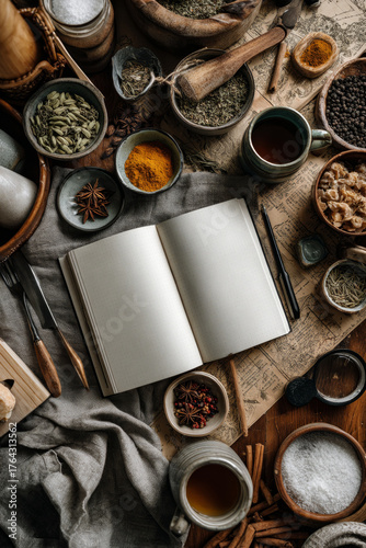 Open blank notebook surrounded by various spices, herbs, and kitchen utensils on a rustic wooden table, creating a warm and inviting culinary atmosphere for creative cooking